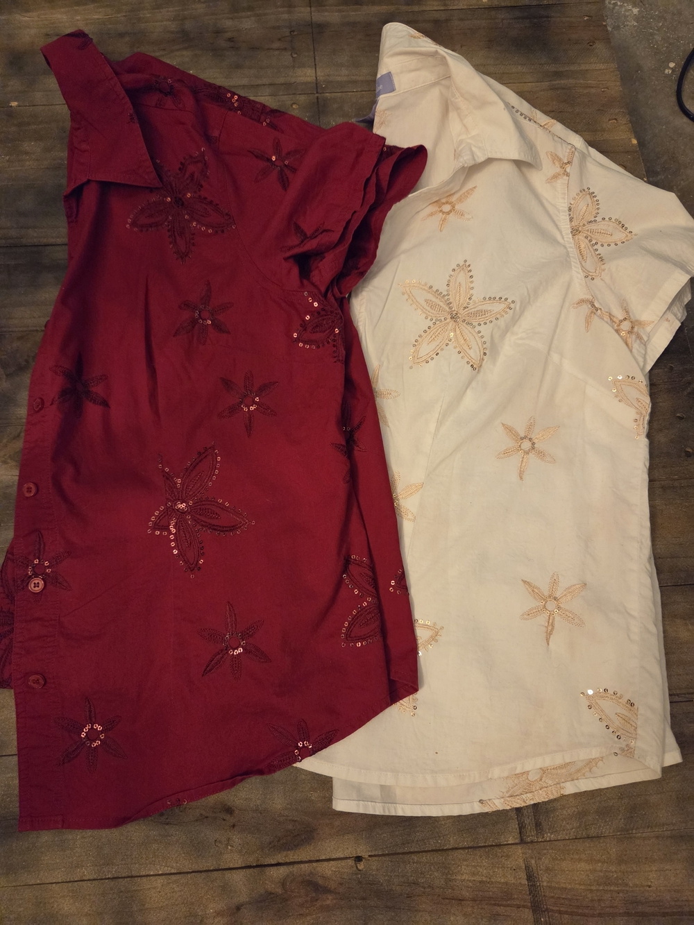 Harm9ny & Vine Beaded Floral Embroidered Button-Up Tops - Red & Cream